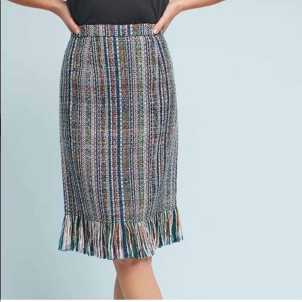 Anthropologie Maeve Zaire Tweed Fringe Green Pencil Skirt